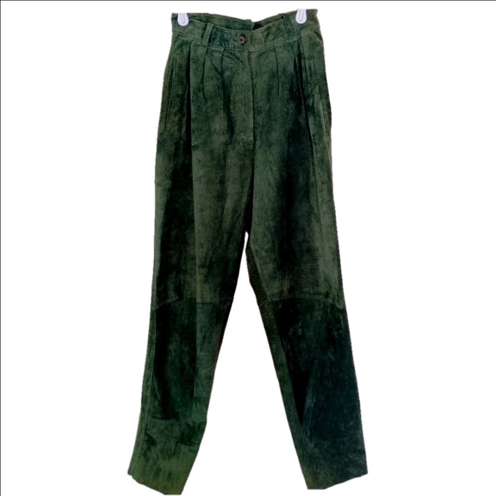 VTG Switzer's Suede Leather Trousers Women 6 Green UNHEMMED Pleated Tapered
